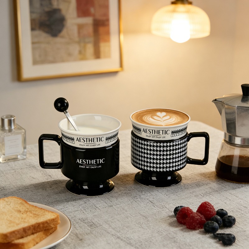 Luxury Skincare Products - Make-up-Becher, Wasserbecher, Büro-Kaffeebecher, Luxuriöser Französischer Hahnentritt-Frühstücksbecher,